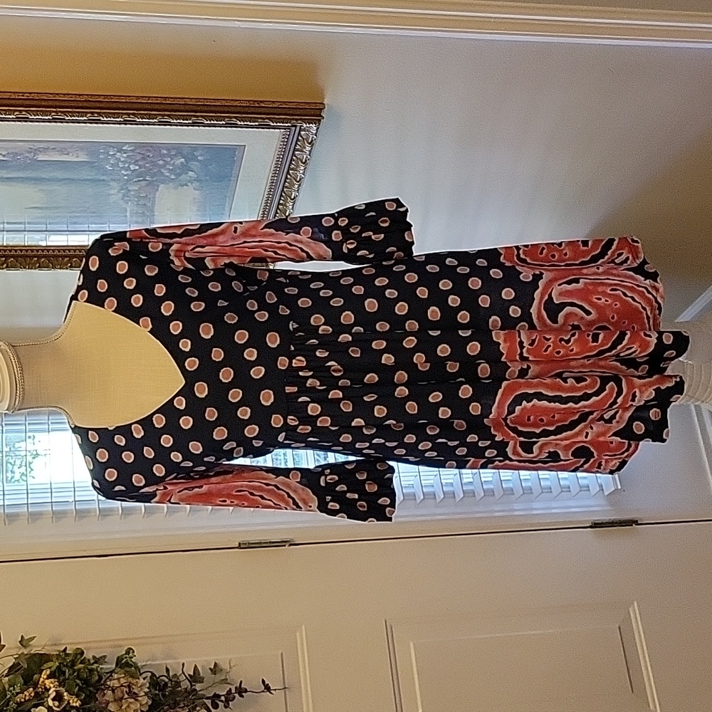 Reborn navy blue coral white paisley dot 3/4 ruffle sleeve stretch dress L EUC…